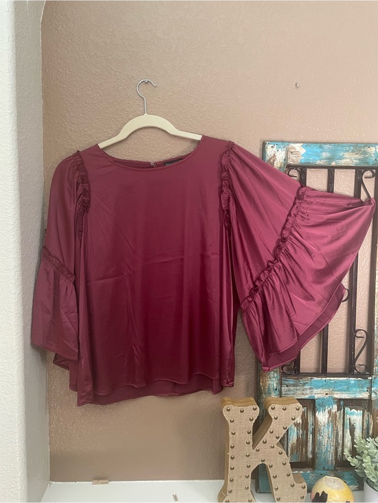 Sterling Kreek Tops - Satin Bell Sleeve Blouse in Burgundy